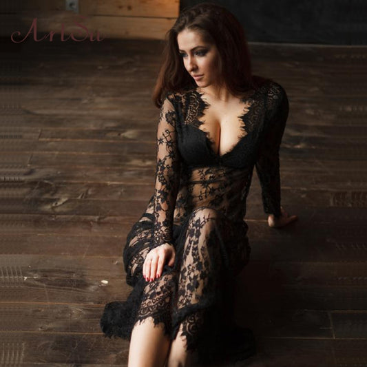 ArtSu Lace Dress Sleepwear Floor-Length See Through