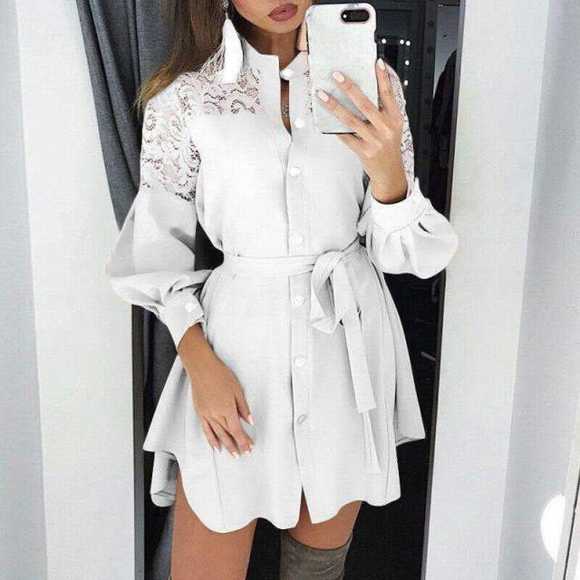 Plus Size Autumn Shirt Dress Women Solid Stand Neck Lace Patchwork Long Sleeve Belt Mini Dress Ladies Buttons Ruffle Party Dress