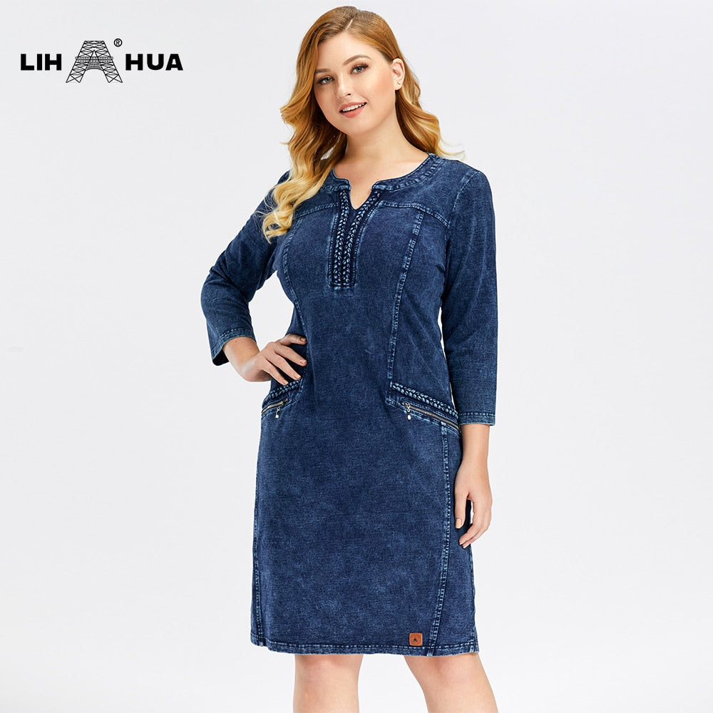 Plus Size Denim Dress Elasticity  Knitted Denim Dresses Slim Fit Casual Dress Shoulder Pads Midi Dress