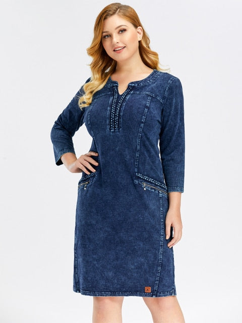 Plus Size Denim Dress Elasticity  Knitted Denim Dresses Slim Fit Casual Dress Shoulder Pads Midi Dress
