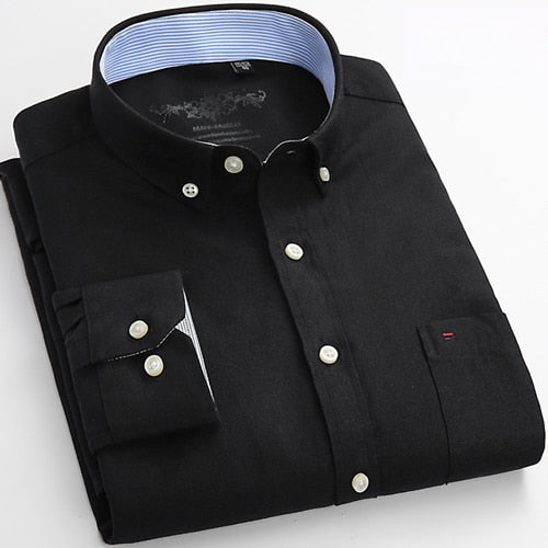 Men's Plus Size Casual Solid Oxford Dress Shirt Single Patch Pocket Long Sleeve Regular-fit Button-down Thick Shirts