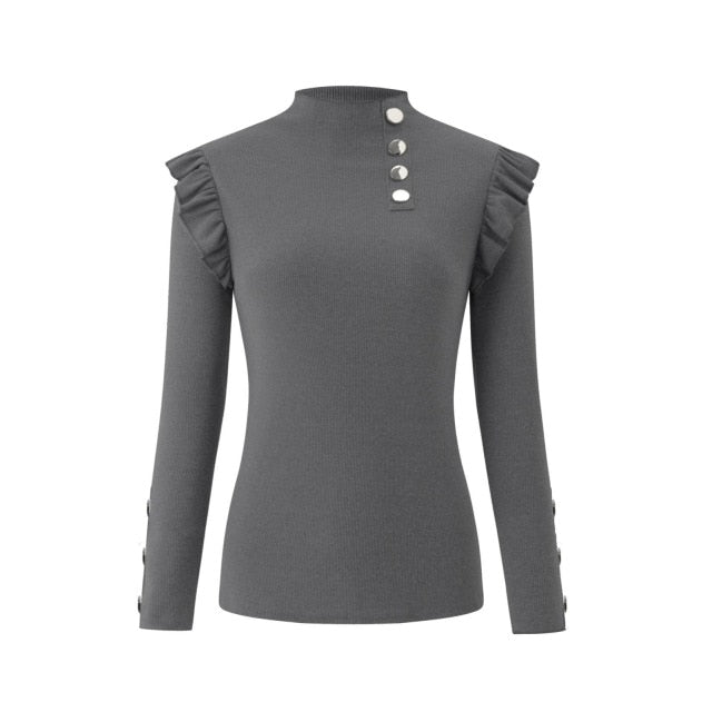 Plus Size Autumn Winter Women Blouse Long Sleeve Knitwear Rib Ruffle Buttons Blouse Basic Shirt
