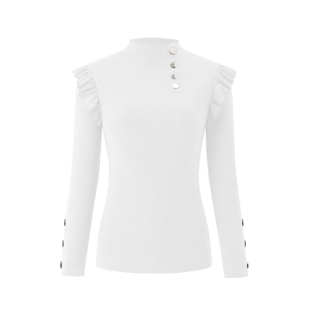 Plus Size Autumn Winter Women Blouse Long Sleeve Knitwear Rib Ruffle Buttons Blouse Basic Shirt