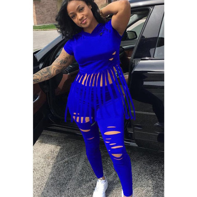 Plus Size Two Piece Set Jumpsuit Tassel Short Sleeve Hoodies+hole Pants Suit Fall Women Clothes Night Club Outfits