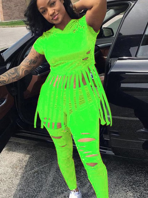 Plus Size Two Piece Set Jumpsuit Tassel Short Sleeve Hoodies+hole Pants Suit Fall Women Clothes Night Club Outfits