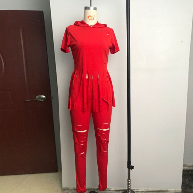 Plus Size Two Piece Set Jumpsuit Tassel Short Sleeve Hoodies+hole Pants Suit Fall Women Clothes Night Club Outfits