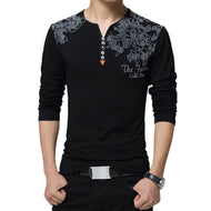 Autumn Fashion Floral Print Men T-shirt Henry Collar Button Decorate Long Sleeve  Plus Size