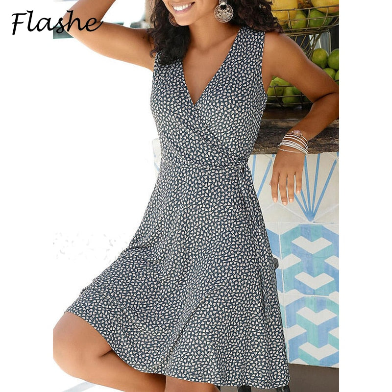 Polka Dot Dress Women V Neck Sleeveless Bandage Beach Dress Summer Bohemian Dresses For Women Plus Size Clothes S-5XL