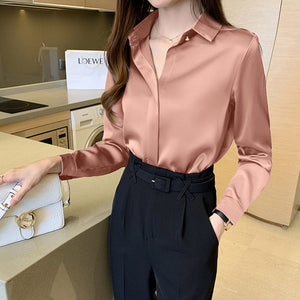 Silk Shirts Women Long Sleeve Shirts Blouses for Women Satin Clothing Shirt Office Lady Solid Silk Shirt Blouse Tops Plus Size