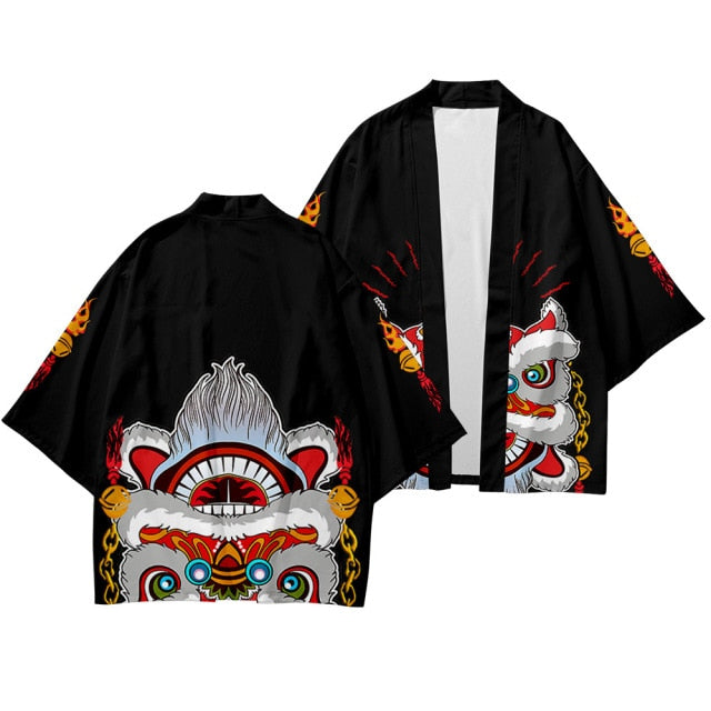 Plus Size XS-6XL Black Fox Printing Japanese Style Fashion Kimono And Pant Set Men Cardigan Blouse Haori Obi Asian Clothes