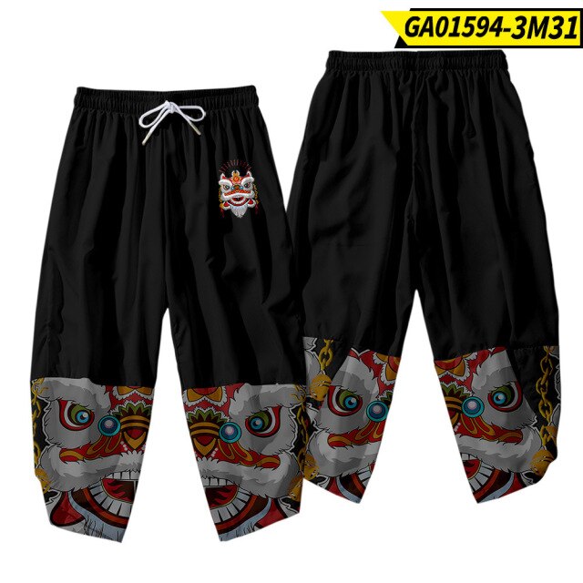 Plus Size XS-6XL Black Fox Printing Japanese Style Fashion Kimono And Pant Set Men Cardigan Blouse Haori Obi Asian Clothes