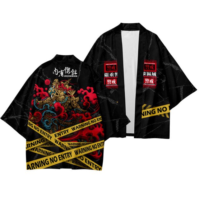 Plus Size XS-6XL Black Fox Printing Japanese Style Fashion Kimono And Pant Set Men Cardigan Blouse Haori Obi Asian Clothes