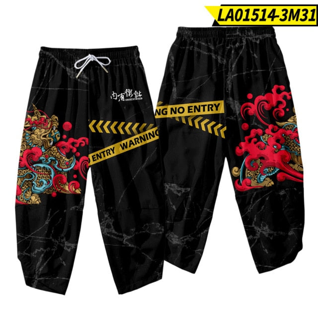 Plus Size XS-6XL Black Fox Printing Japanese Style Fashion Kimono And Pant Set Men Cardigan Blouse Haori Obi Asian Clothes