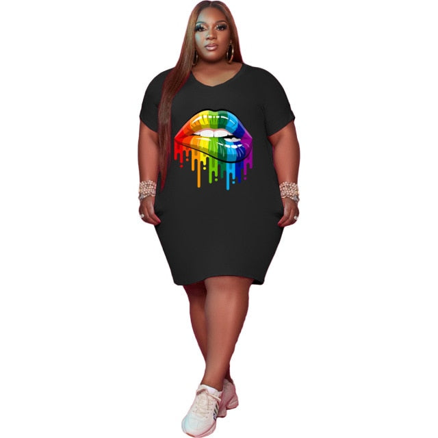 Plus Size Fashion Sexy Round Neck Pockets Personality Lip Printing Loose Casual Dress