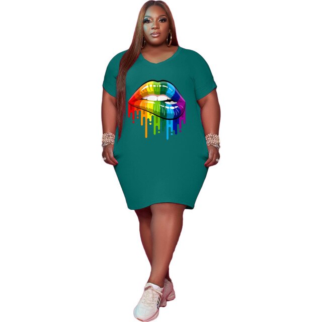 Plus Size Fashion Sexy Round Neck Pockets Personality Lip Printing Loose Casual Dress