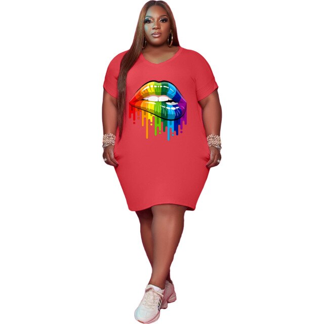 Plus Size Fashion Sexy Round Neck Pockets Personality Lip Printing Loose Casual Dress