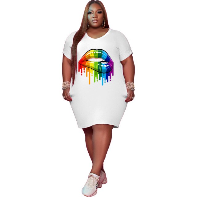 Plus Size Fashion Sexy Round Neck Pockets Personality Lip Printing Loose Casual Dress