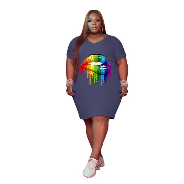 Plus Size Fashion Sexy Round Neck Pockets Personality Lip Printing Loose Casual Dress