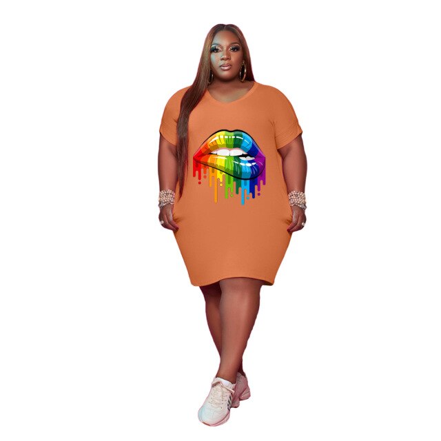 Plus Size Fashion Sexy Round Neck Pockets Personality Lip Printing Loose Casual Dress