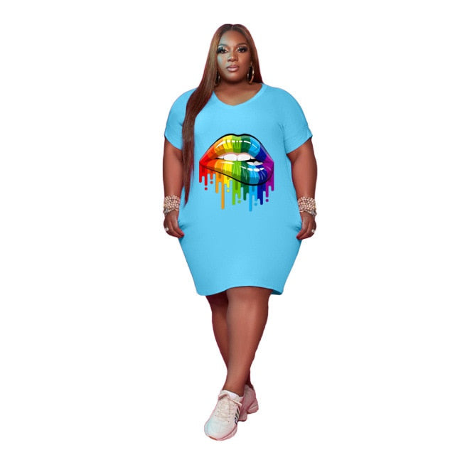 Plus Size Fashion Sexy Round Neck Pockets Personality Lip Printing Loose Casual Dress