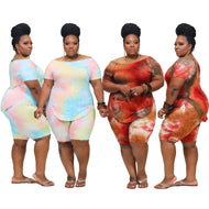 Plus Size Women Clothing Two Piece Set Xl-4Xl Summer Casual Tie Dye Printing Short Sleeve Loose Short Outfit