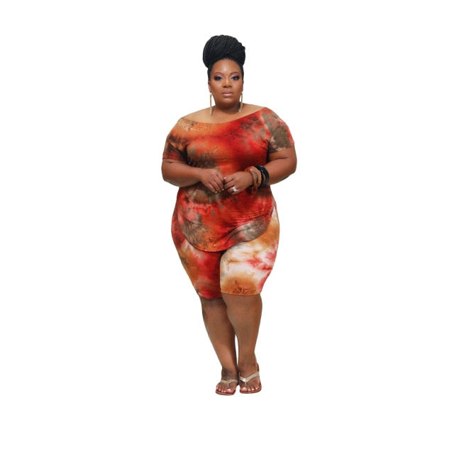 Plus Size Women Clothing Two Piece Set Xl-4Xl Summer Casual Tie Dye Printing Short Sleeve Loose Short Outfit
