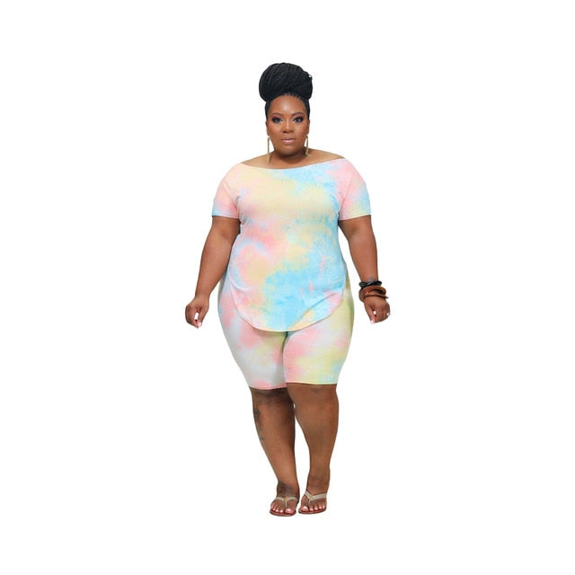Plus Size Women Clothing Two Piece Set Xl-4Xl Summer Casual Tie Dye Printing Short Sleeve Loose Short Outfit