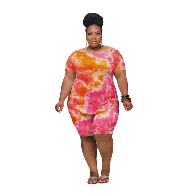 Plus Size Women Clothing Two Piece Set Xl-4Xl Summer Casual Tie Dye Printing Short Sleeve Loose Short Outfit