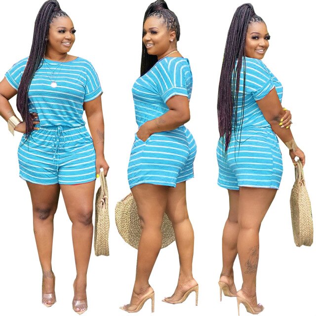Summer 2021 S-5XL Plus Size Two Piece Set Women Clothing Striped Outfits Round Neck Short Sleeve Crop Top  Shorts Set Tracksuits