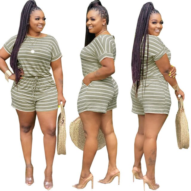 Summer 2021 S-5XL Plus Size Two Piece Set Women Clothing Striped Outfits Round Neck Short Sleeve Crop Top  Shorts Set Tracksuits