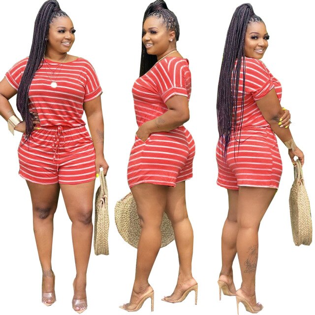 Summer 2021 S-5XL Plus Size Two Piece Set Women Clothing Striped Outfits Round Neck Short Sleeve Crop Top  Shorts Set Tracksuits