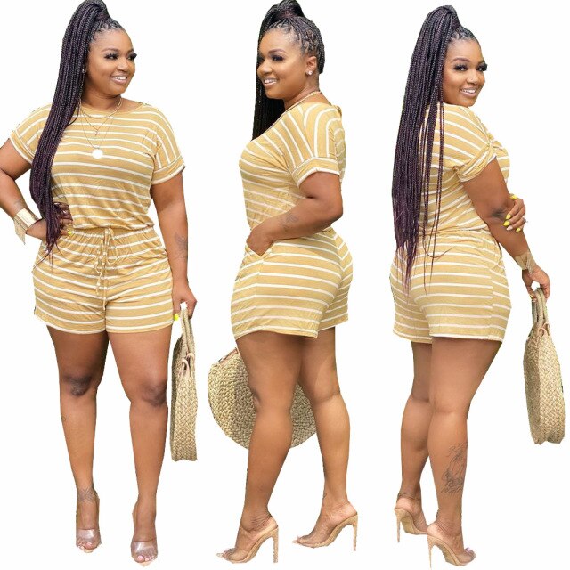 Summer 2021 S-5XL Plus Size Two Piece Set Women Clothing Striped Outfits Round Neck Short Sleeve Crop Top  Shorts Set Tracksuits