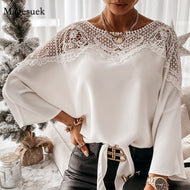 New Crochet Embroidery Lace Blouses Women Autumn Sexy Lace Stitching White Shirts Vintage Plus Size Ladies Tops Blusas 12459