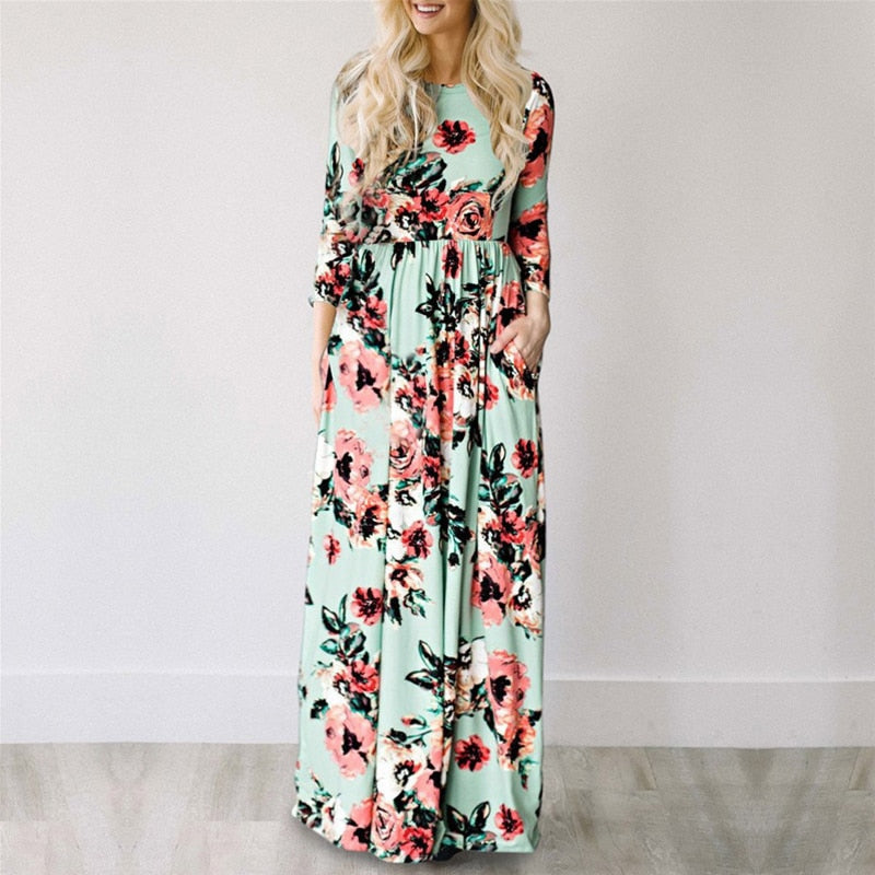 Floral Print Maxi Dress White Boho Beach Dress Women Evening Party Long Dress Plus Size