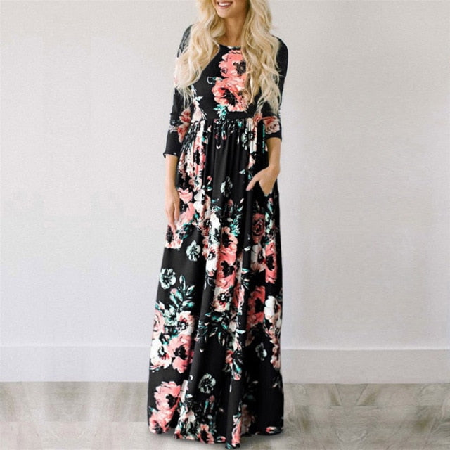 Floral Print Maxi Dress White Boho Beach Dress Women Evening Party Long Dress Plus Size