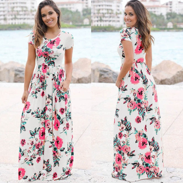 Floral Print Maxi Dress White Boho Beach Dress Women Evening Party Long Dress Plus Size
