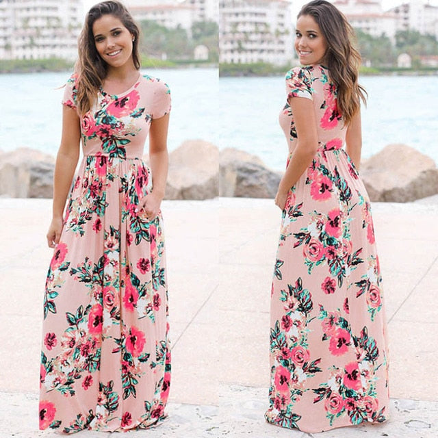 Floral Print Maxi Dress White Boho Beach Dress Women Evening Party Long Dress Plus Size
