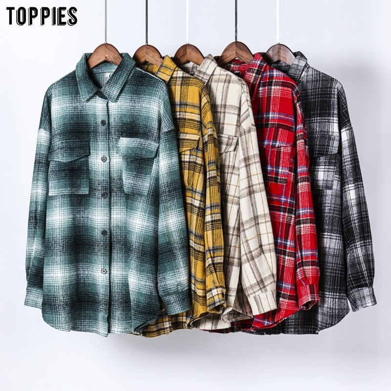 Toppies 2021 Vintage Plaid Shirts Women oversized shirts Female Blouse Tops plus size clothing Long Sleeve Button