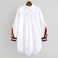 White Loose Button Up Stripe Bandage Blouses Turn-Down Collar Woven Long Sleeve Plus Size Ladies Tops