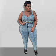 Plus Size Women Clothing Sleeveless Denim Summer Clothes Cowboy Two Piece Set