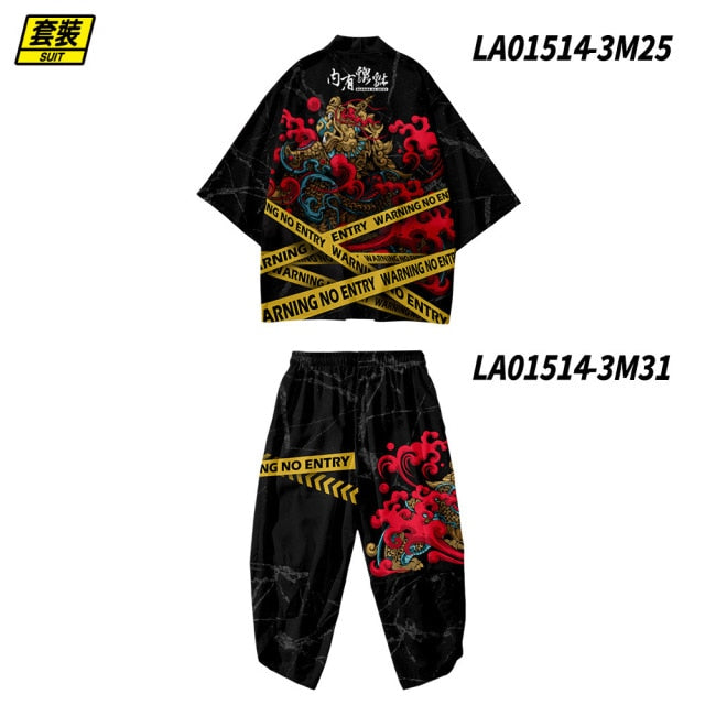 Plus Size XS-6XL Black Fox Printing Japanese Style Fashion Kimono And Pant Set Men Cardigan Blouse Haori Obi Asian Clothes