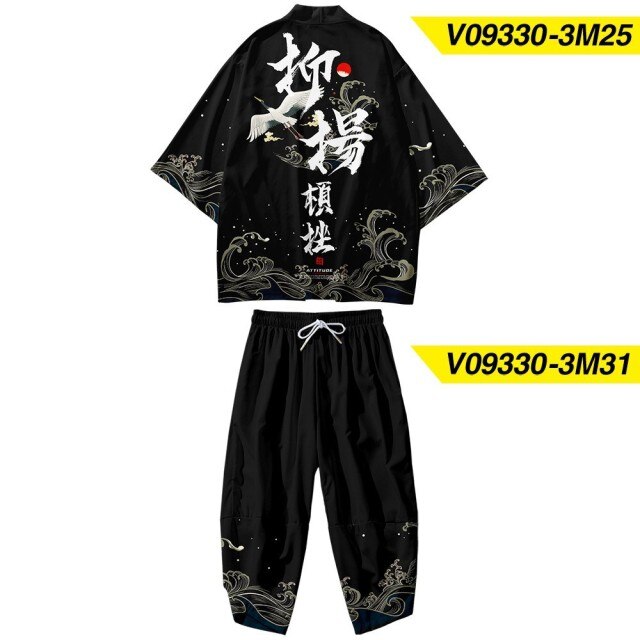 Plus Size XS-6XL Black Fox Printing Japanese Style Fashion Kimono And Pant Set Men Cardigan Blouse Haori Obi Asian Clothes