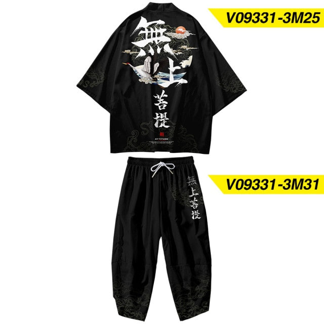 Plus Size XS-6XL Black Fox Printing Japanese Style Fashion Kimono And Pant Set Men Cardigan Blouse Haori Obi Asian Clothes