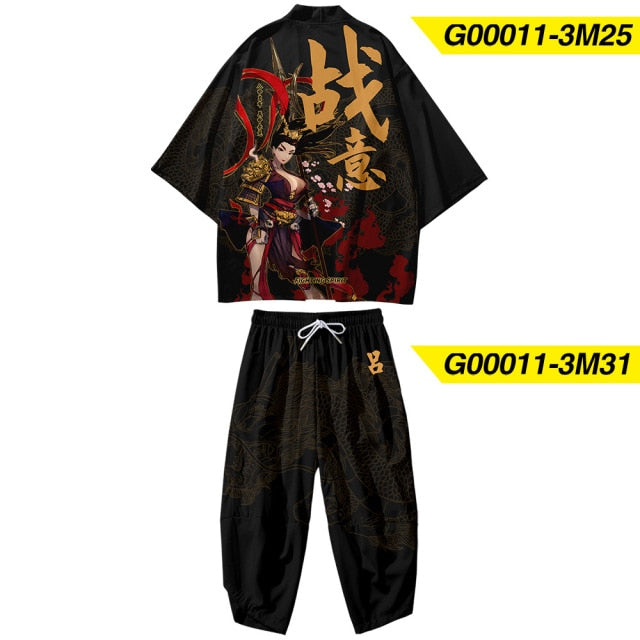 Plus Size XS-6XL Black Fox Printing Japanese Style Fashion Kimono And Pant Set Men Cardigan Blouse Haori Obi Asian Clothes