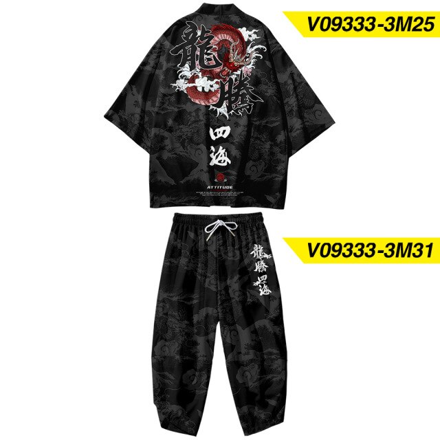 Plus Size XS-6XL Black Fox Printing Japanese Style Fashion Kimono And Pant Set Men Cardigan Blouse Haori Obi Asian Clothes