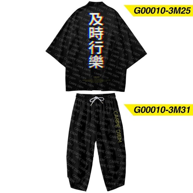Plus Size XS-6XL Black Fox Printing Japanese Style Fashion Kimono And Pant Set Men Cardigan Blouse Haori Obi Asian Clothes
