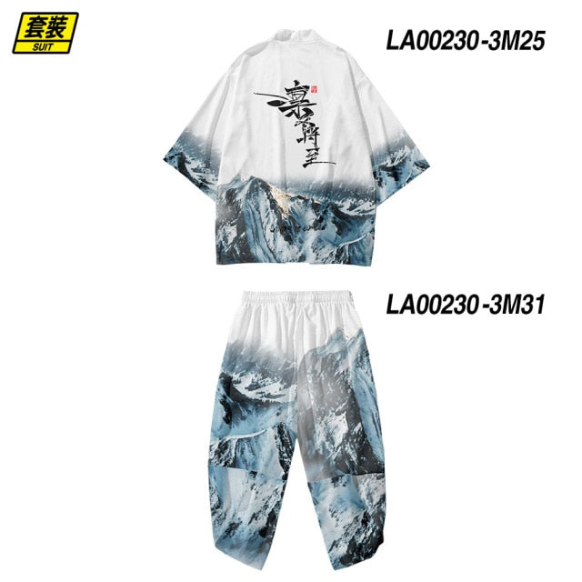 Plus Size XS-6XL Black Fox Printing Japanese Style Fashion Kimono And Pant Set Men Cardigan Blouse Haori Obi Asian Clothes