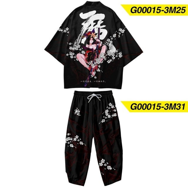 Plus Size XS-6XL Black Fox Printing Japanese Style Fashion Kimono And Pant Set Men Cardigan Blouse Haori Obi Asian Clothes