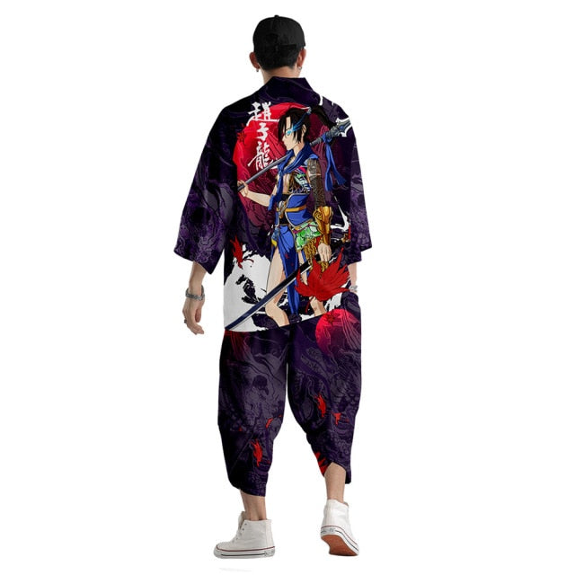 Plus Size XS-6XL Black Fox Printing Japanese Style Fashion Kimono And Pant Set Men Cardigan Blouse Haori Obi Asian Clothes