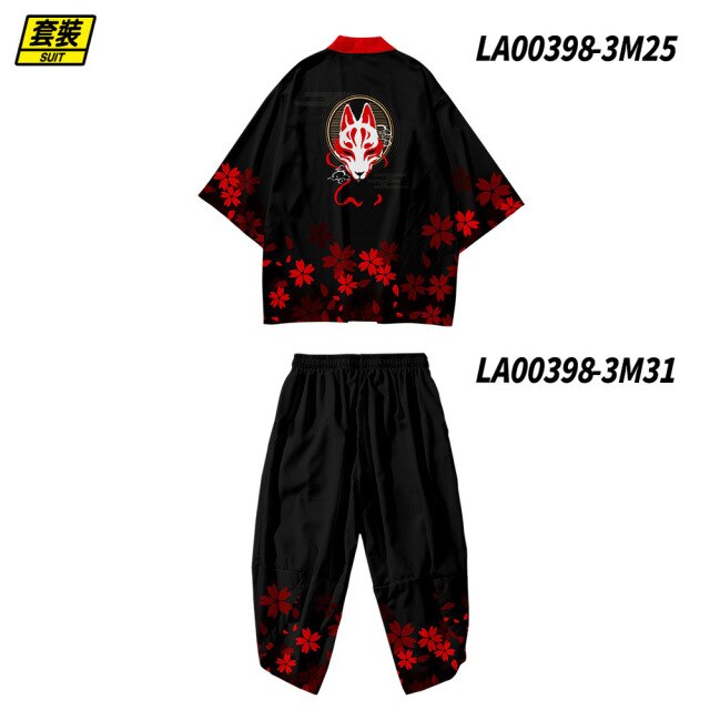 Plus Size XS-6XL Black Fox Printing Japanese Style Fashion Kimono And Pant Set Men Cardigan Blouse Haori Obi Asian Clothes